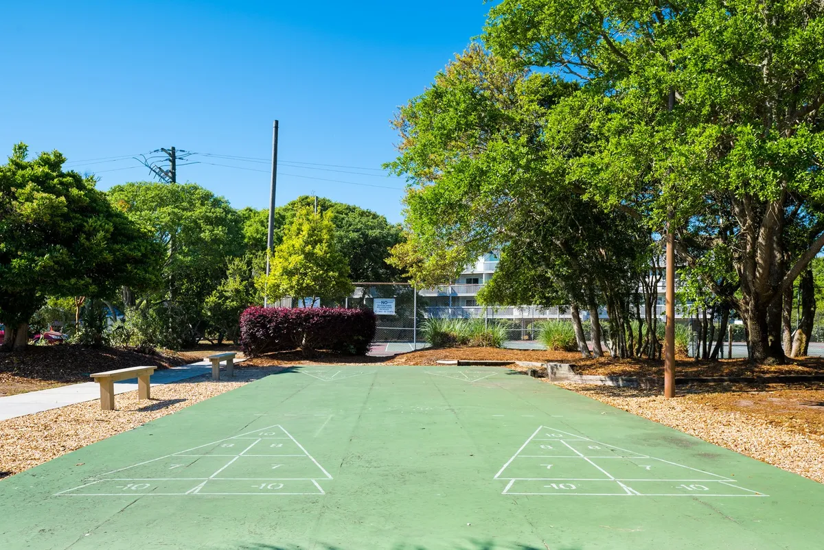 A lively outdoor shuffleboard court framed by benches and shaded by surrounding trees, suggesting a space for playful competition and family interaction. The setting is bright and inviting, ideal for summer activities.