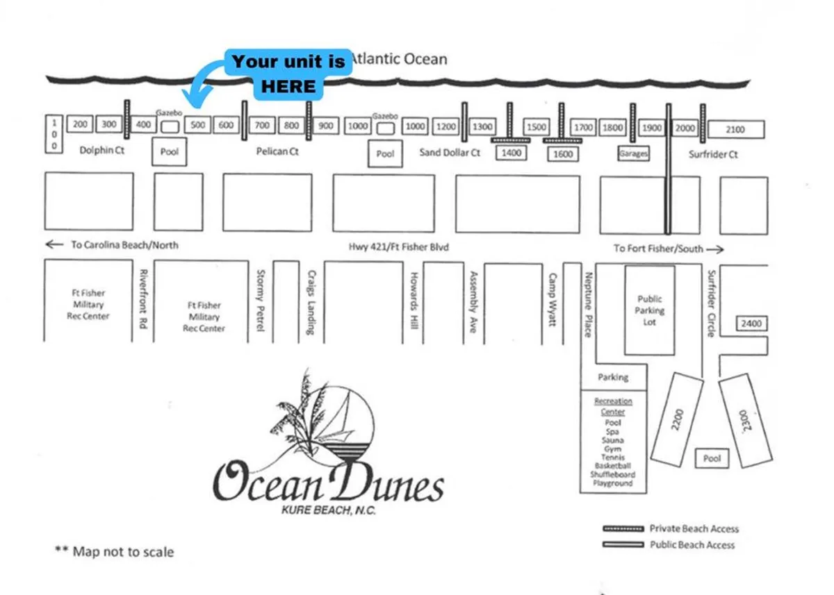 A wide-angle view of the Atlantic Ocean, the Ocean Dunes complex, its pools, and the recreation center. This shot captures both beach access and communal resort amenities, offering a sense of place and highlighting the property's connection to both oceanfront and on-site activities.
